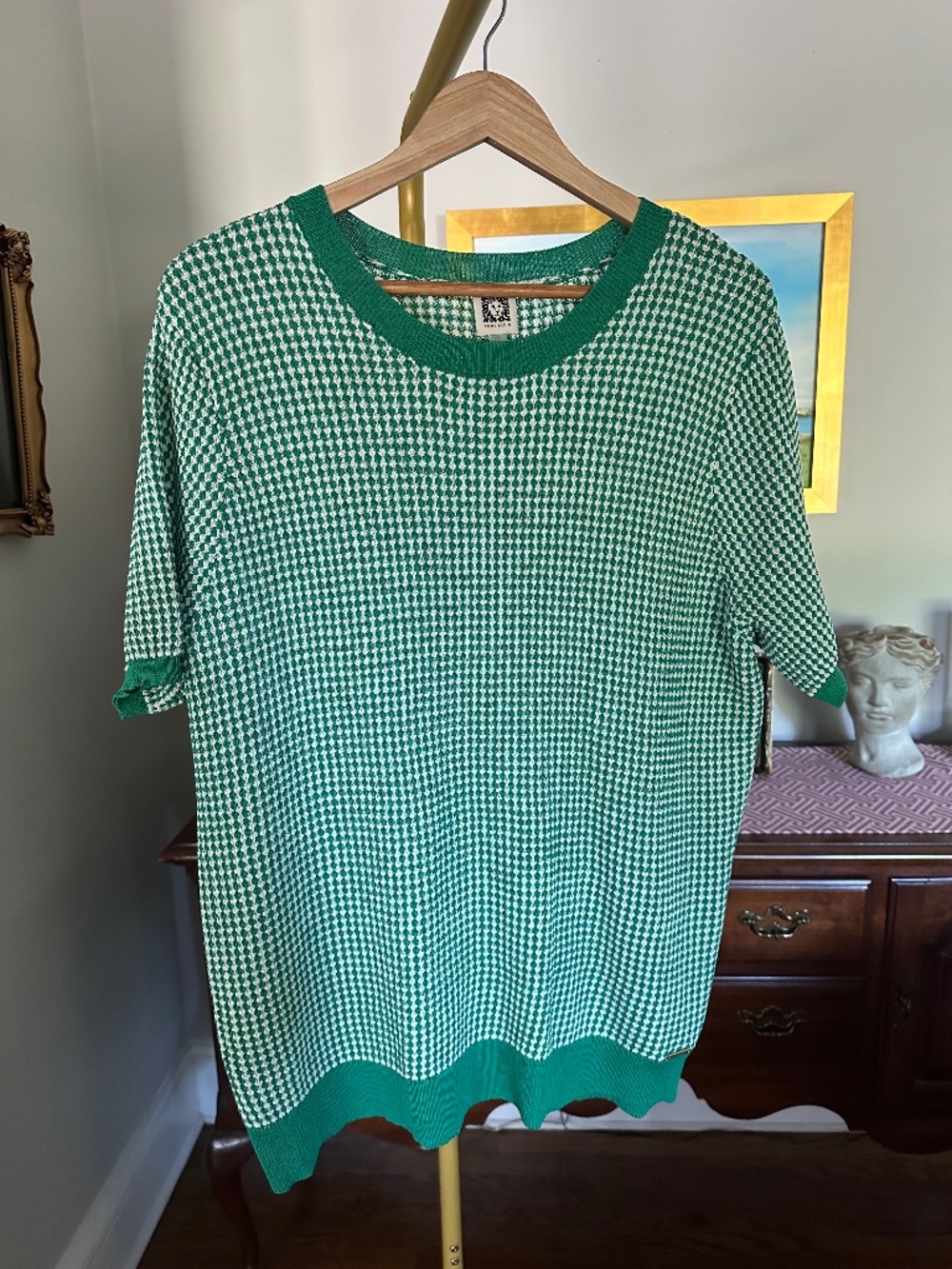 Anne Klein Green White Short Sleeve Sweater XL Preppy Golf